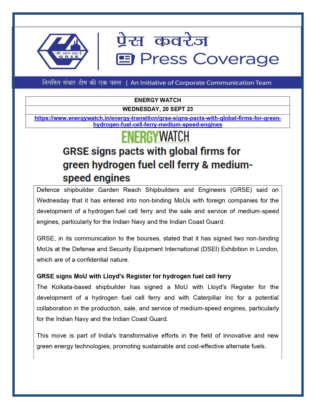 Press Coverage : Energy Watch, 20 Sep 23 : GRSE signs pact with Global firms for Hydrogen Fuel Cell Ferry and Medium-Speed Engines